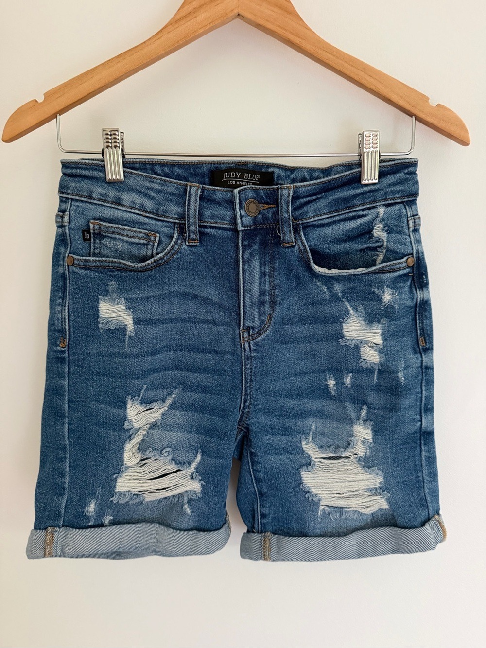 Judy Blue Mid Thigh Distressed Denim Shorts Cuffed S